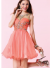 Coral Tulle Beaded V Sexy Back Knee Length Prom Dress 